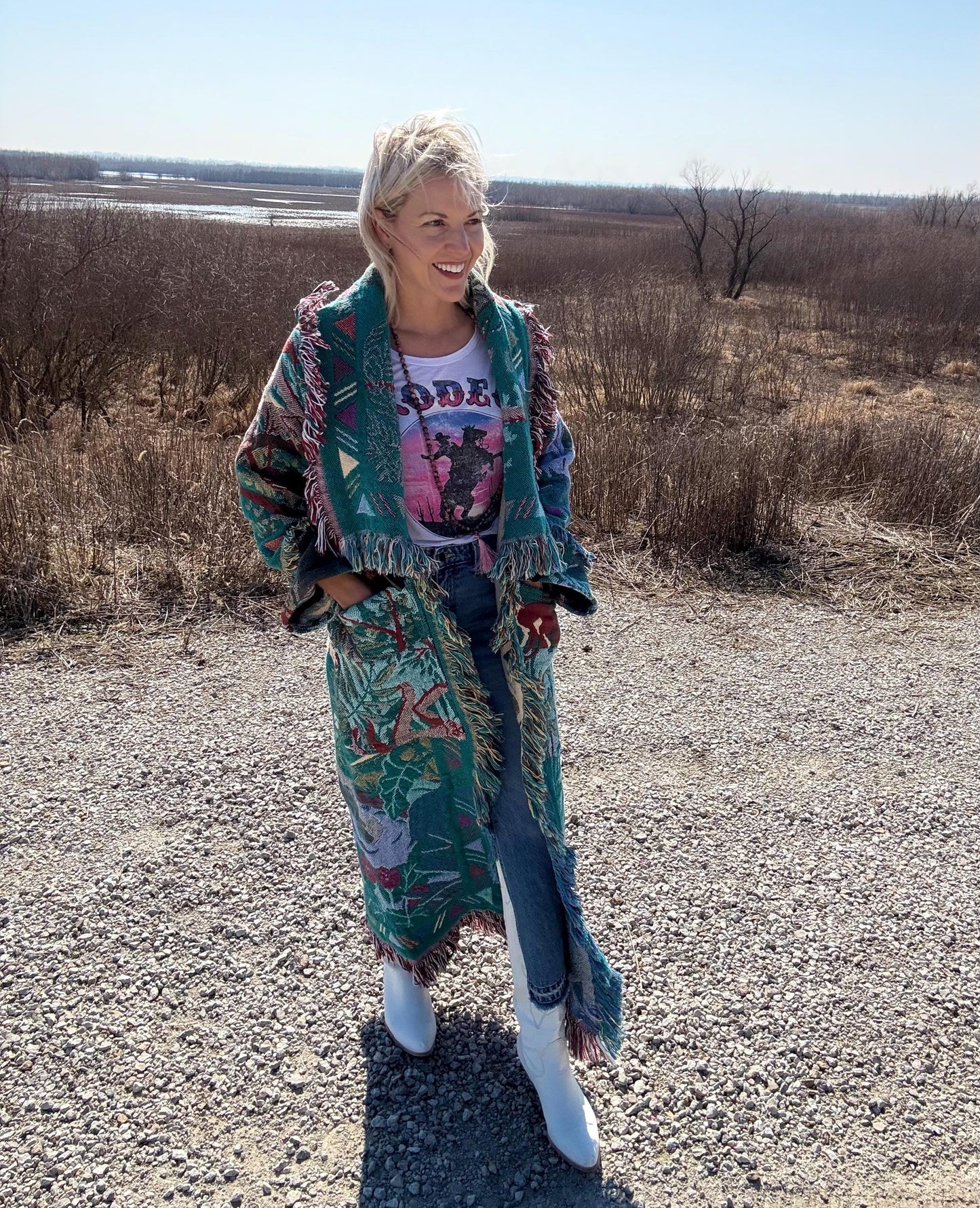 Rainforest Muse Turquoise Long Boho Blanket Jacket