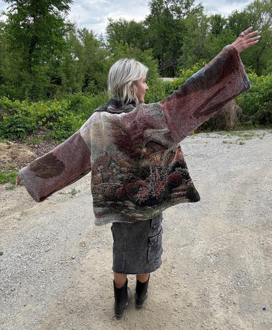 Mystic Forest Cottage Earthy Abstract Wing Collar Blanket Coat