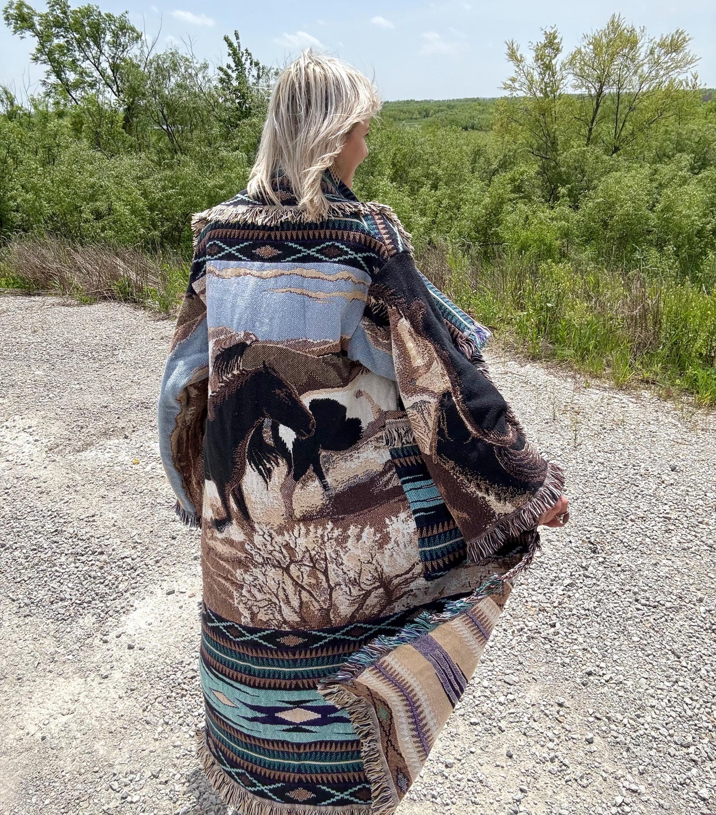 Wild Horses Long Western Fringe Blanket Coat