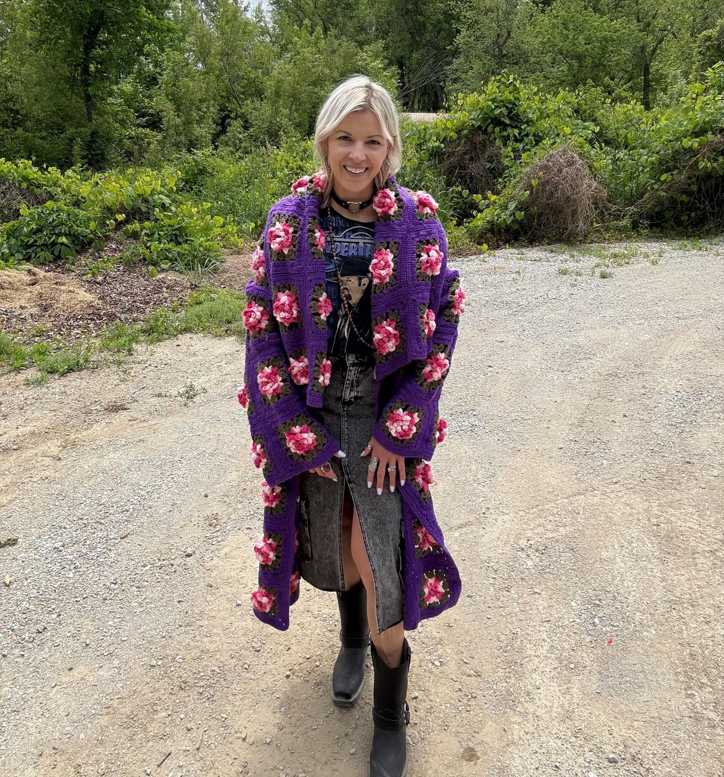 Purple Royale 3D Rose Crochet Coat
