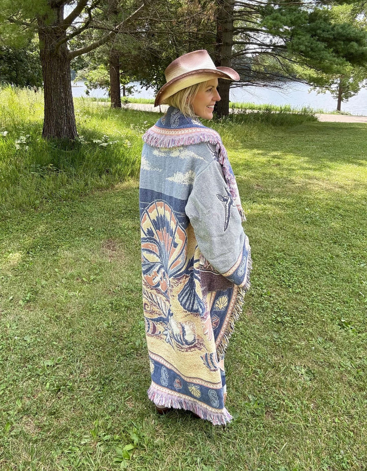 Beachy Seashells Long Boho Blanket Coat