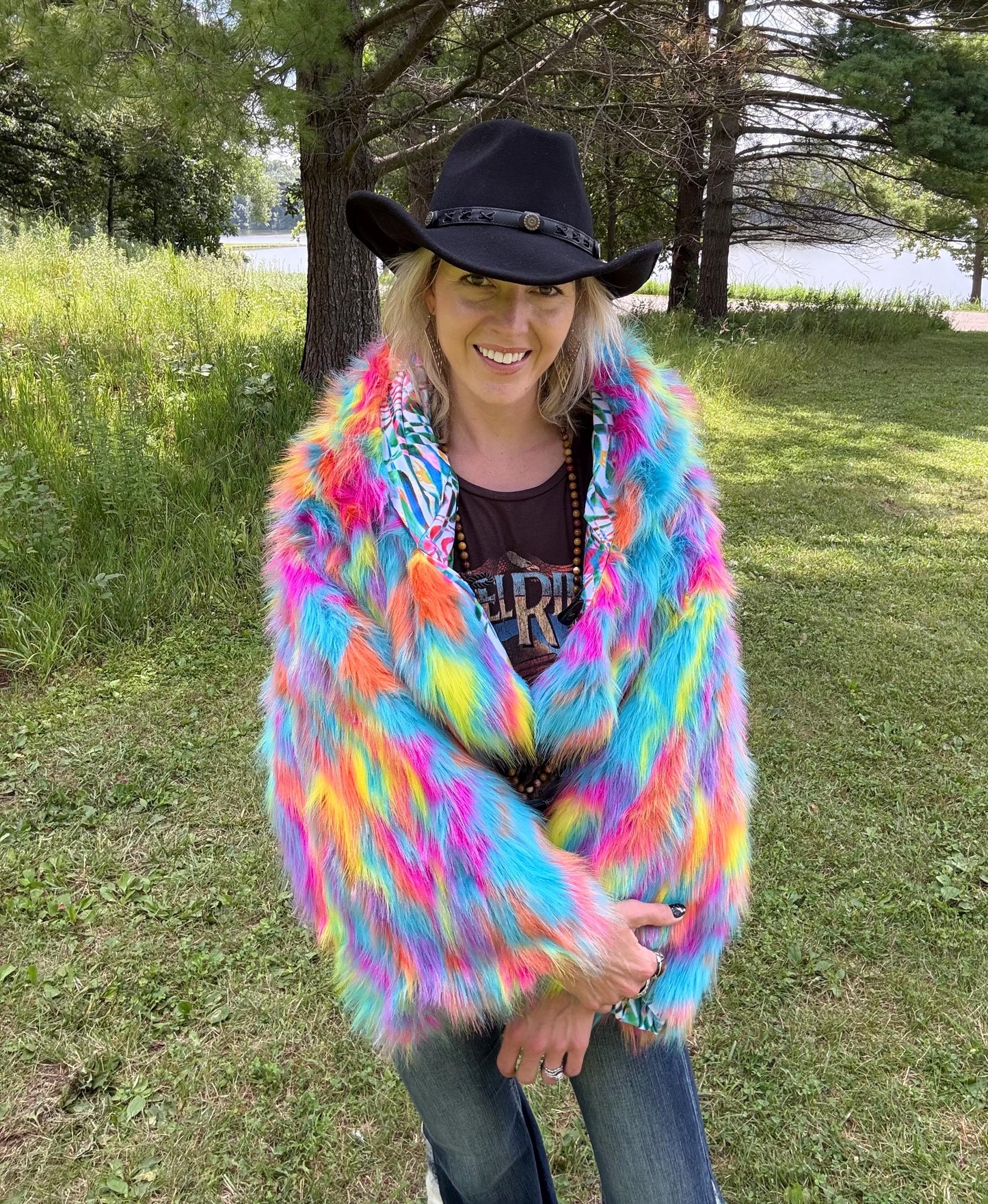 Rainbow Rave Barbie Cropped Faux Fur Jacket
