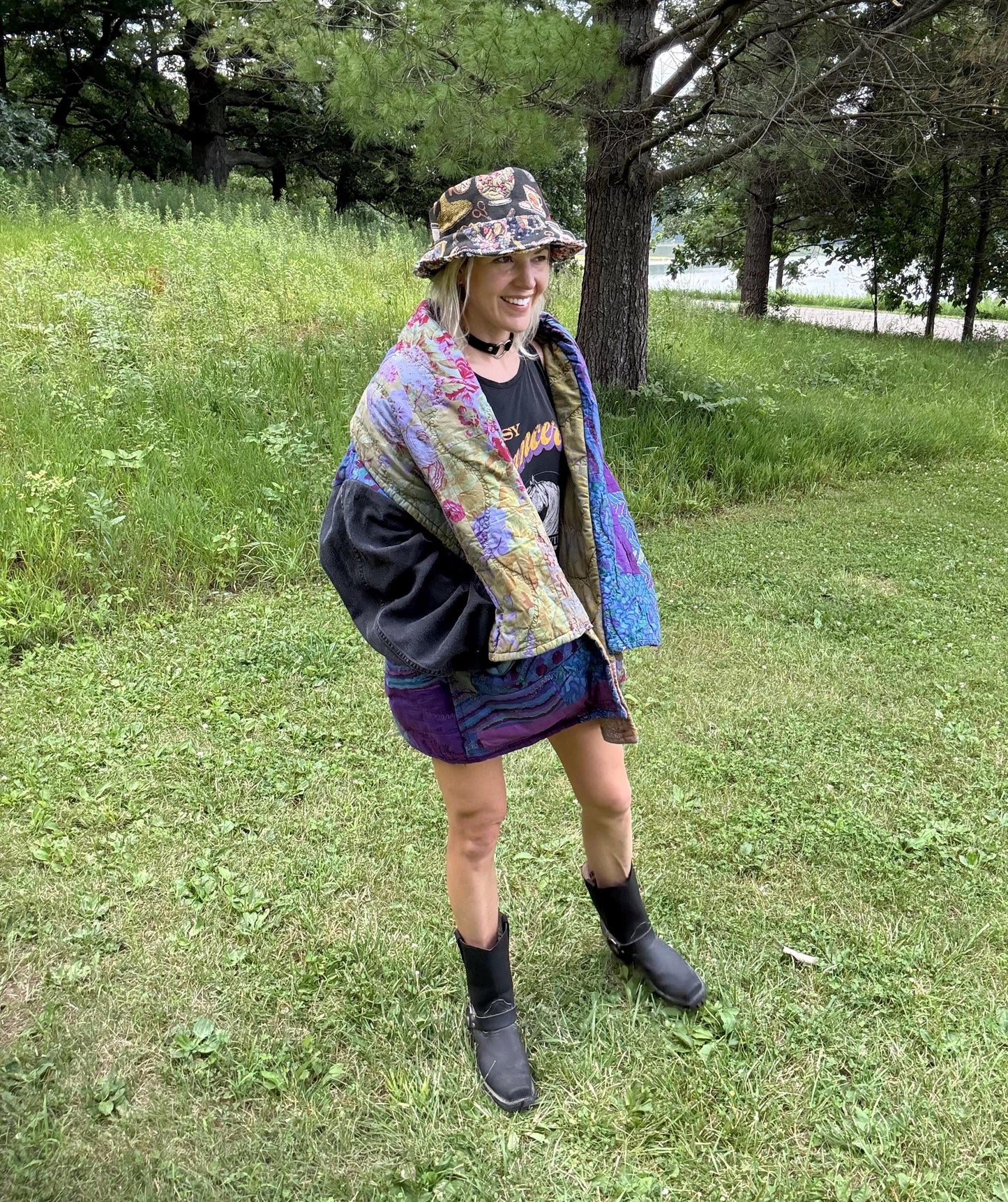 Indigo Dreams Dyed Boxy Quilt Coat With Denim Sleeves
