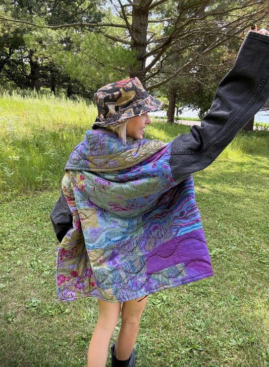 Indigo Dreams Dyed Boxy Quilt Coat With Denim Sleeves