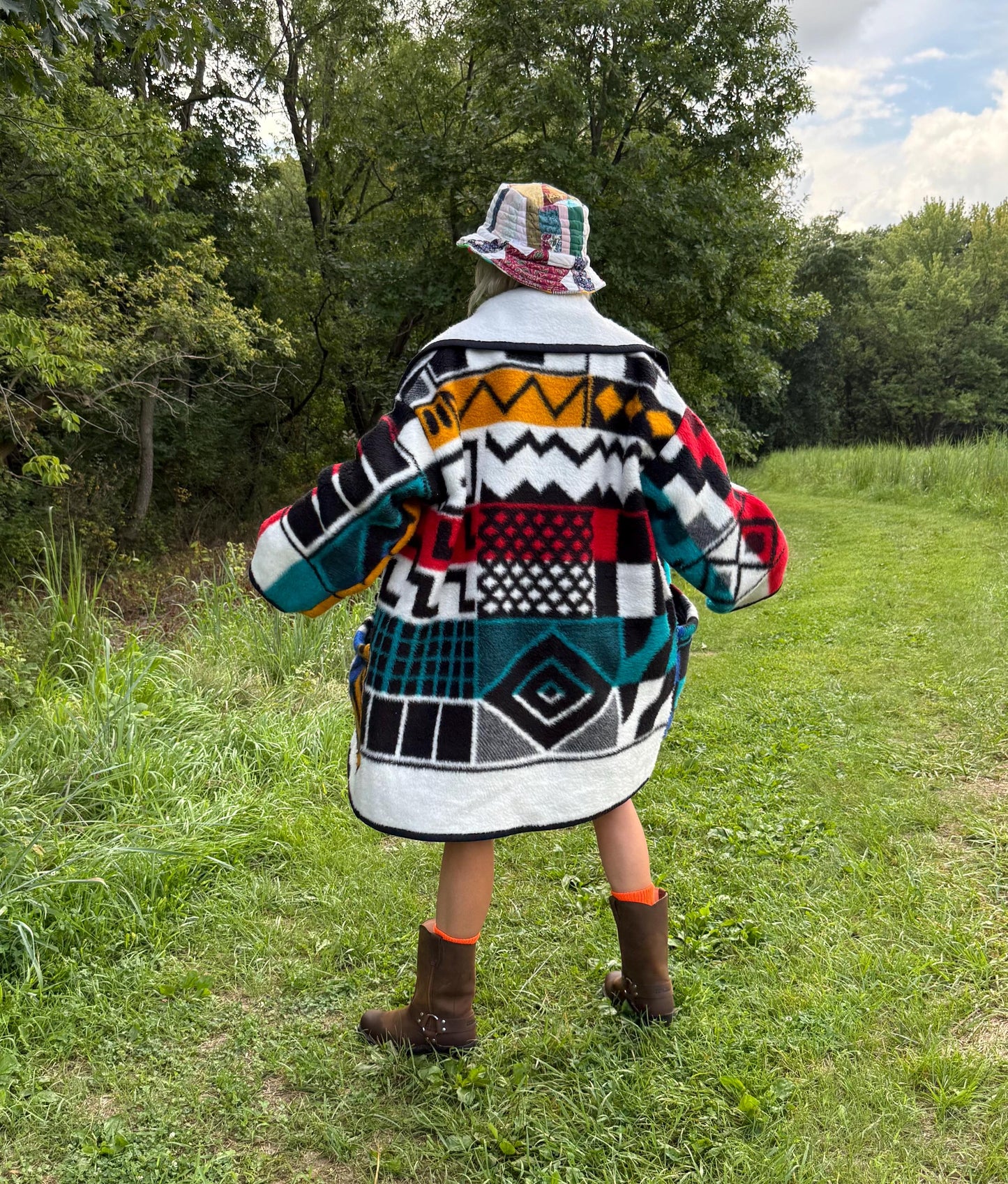 Black White Bold Geometric Fleece Blanket Coat