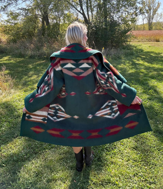 Hunter Green Southwestern Fleece Blanket Coat