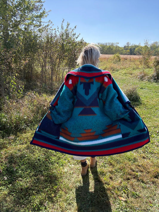 Deep Turquoise Southwestern Fleece Blanket Coat