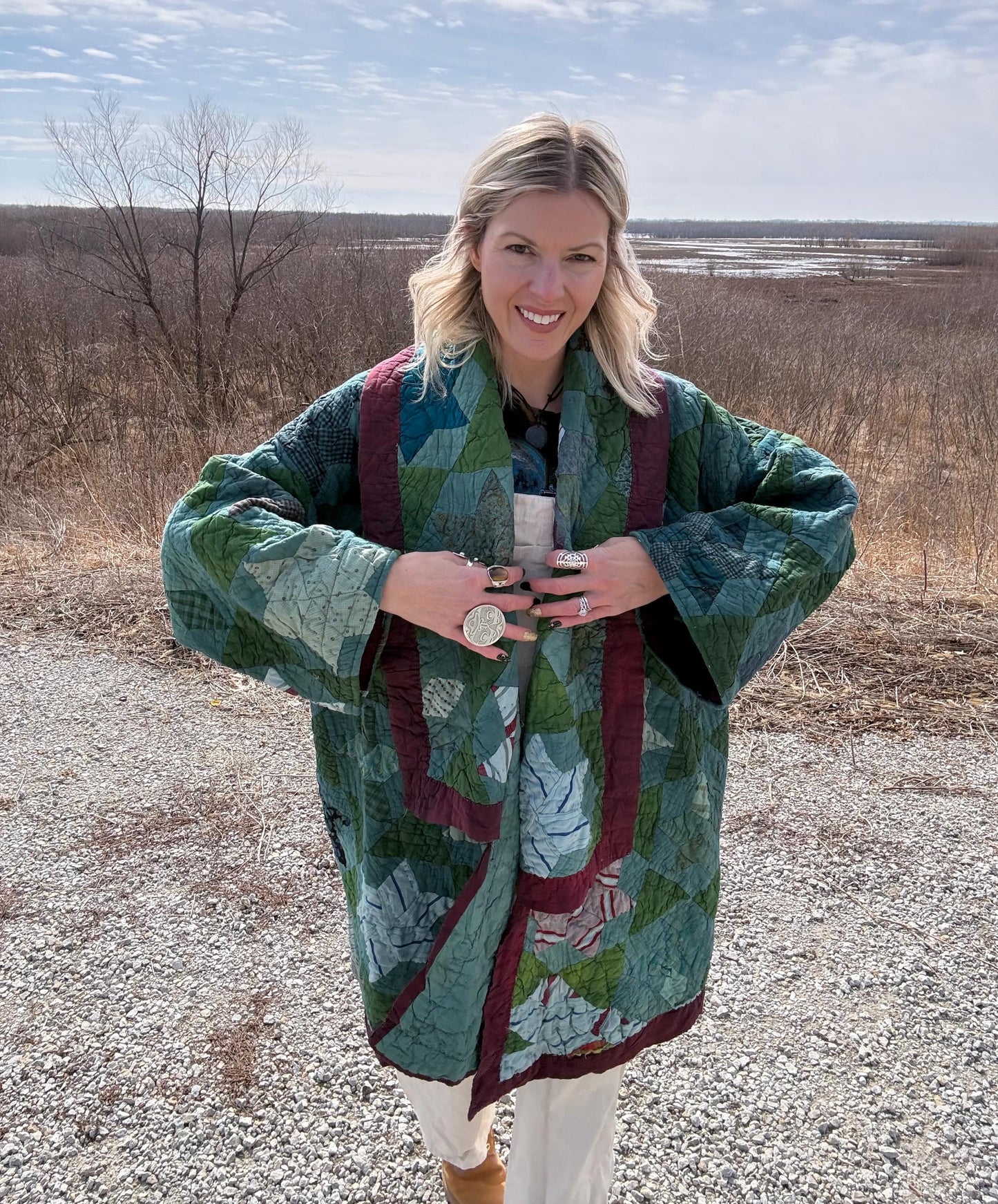 Deep Teal Romance Antique Overdyed Statement Quilt Jacket