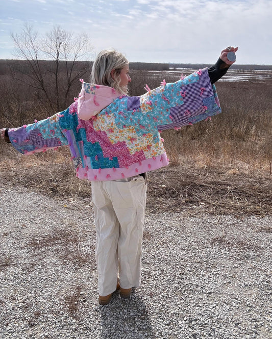 Precious In Pink Cropped Hooded Hand Tied Quilt Pullover