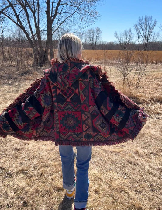 Southwestern Dream Hooded Oversized Fringe Blanket Jacket