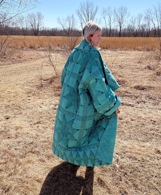 Tropical Teal Oversized Maxi Length Statement Quilt Jacket