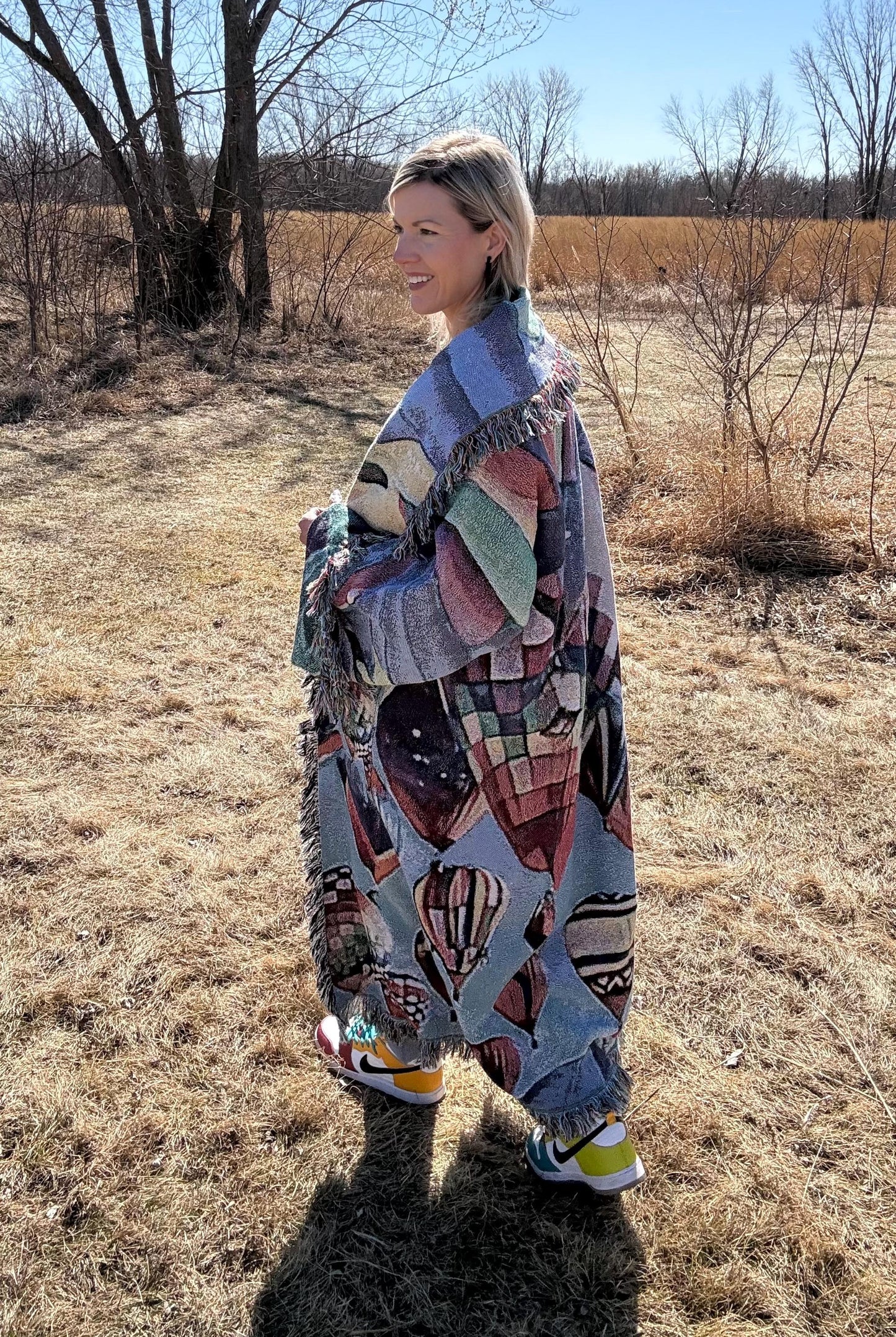 Rainbow Hot Air Balloons Maxi Length Fringe Blanket Coat