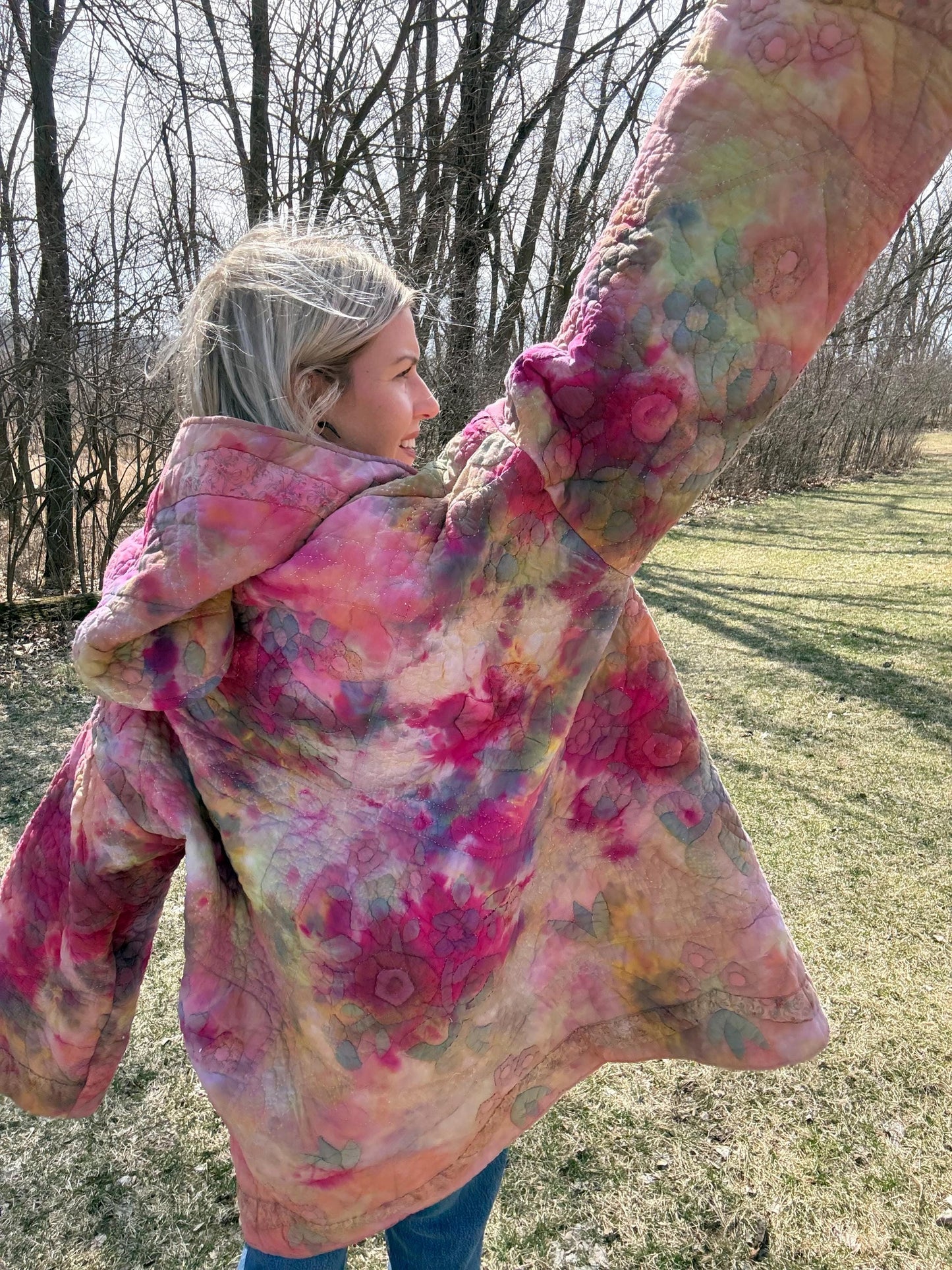 Flower Power Artsy Boho Hooded Quilt Coat