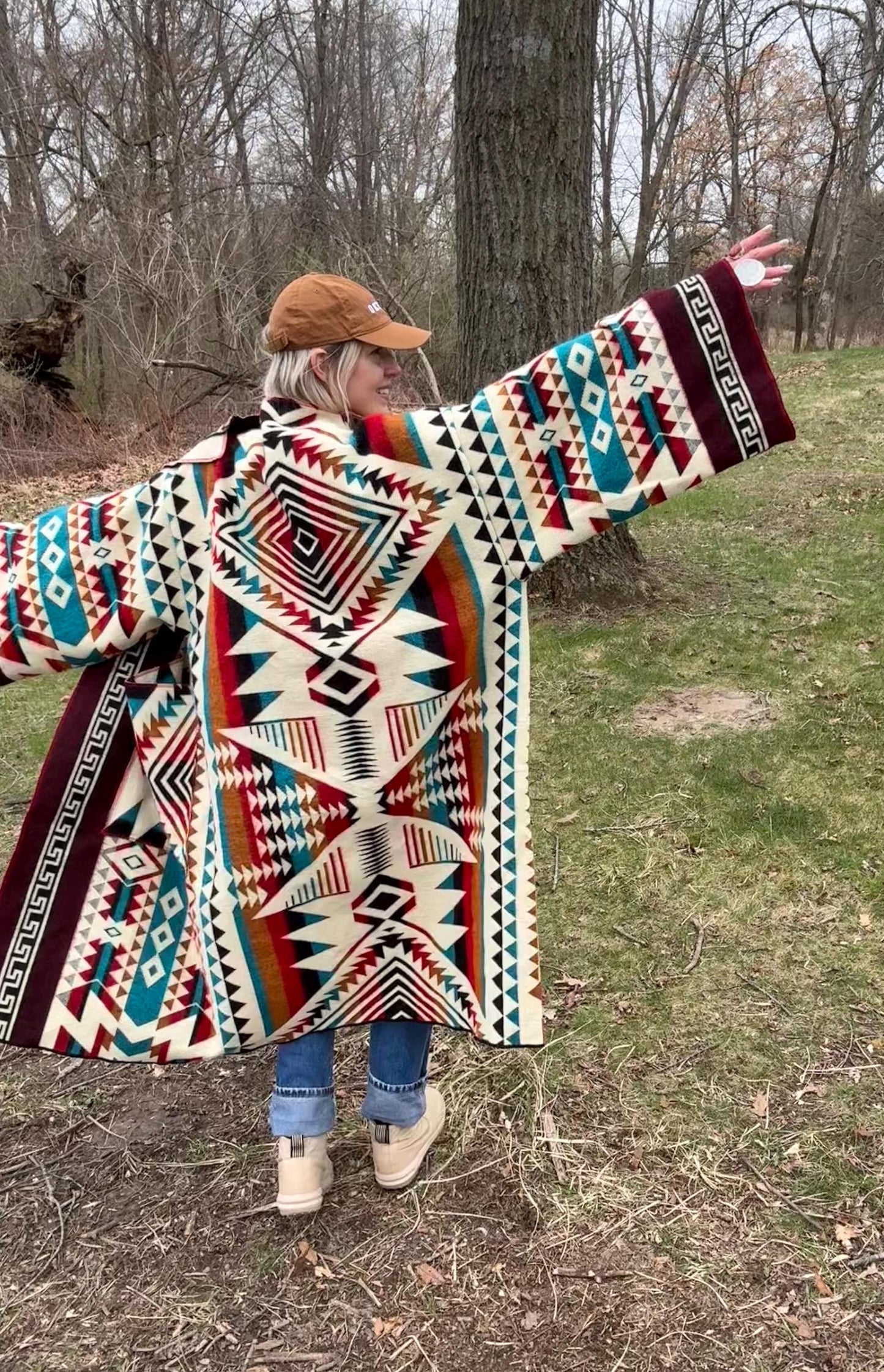Western Sunsets Geometric Alpaca Wool Handmade Blanket Coat