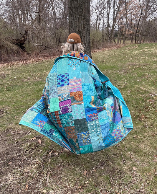 Carribean Waters Extra Oversized Lightweight Patchwork Quilt Coat