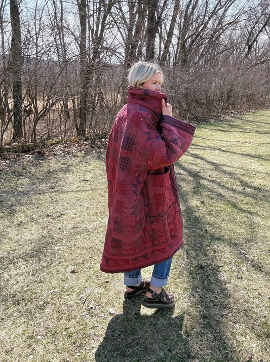 Cranberry Cuddles Oversized Statement Quilt Coat