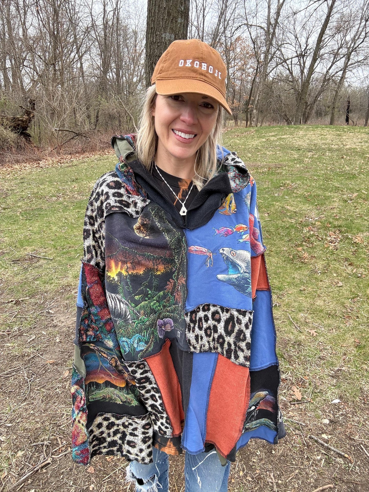 Cosmic Creatures Patchwork Oversized Hooded Statement Pullover, One-Of-A-Kind, Wearable Art