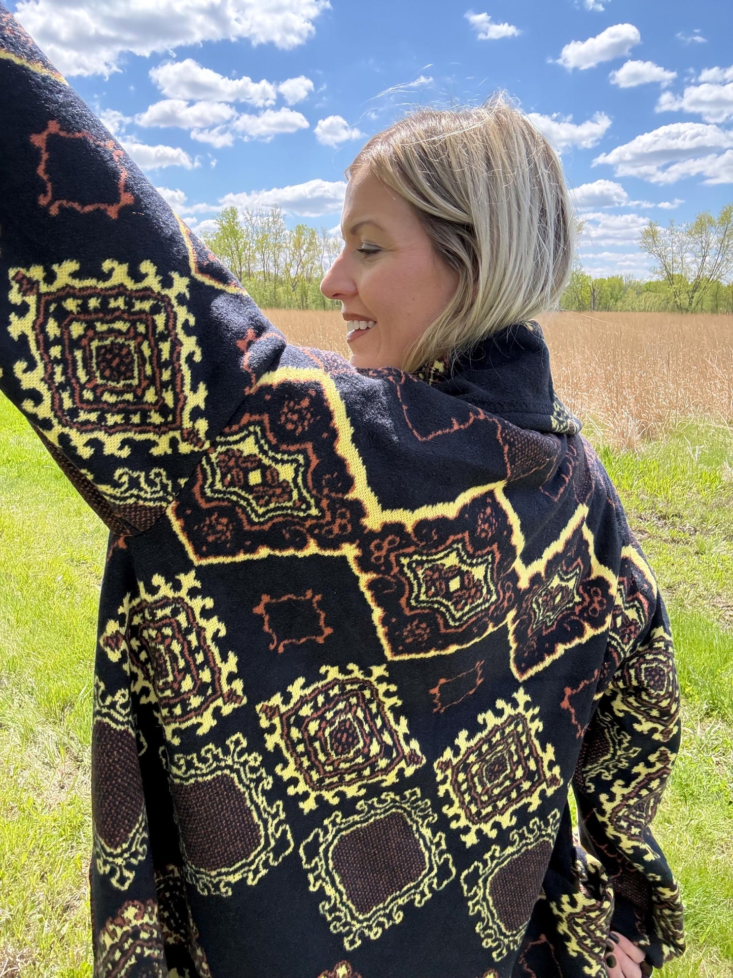 Romantic Deep Navy Geometric Lightweight Wool Blanket Coat