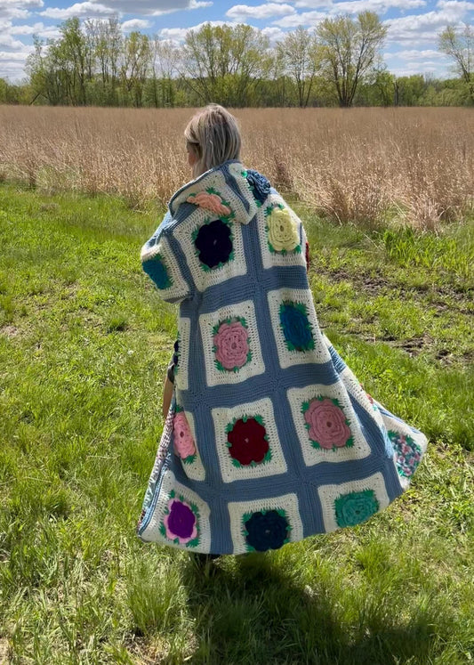 Steel Blue Roses Fully Lined Long Crochet Coat