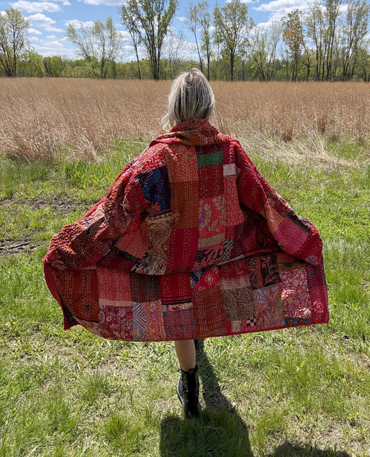 Crimson Cutie Red Silky Patchwork Quilt Duster