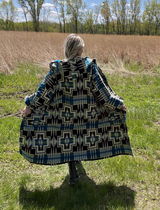 Desert Dream Blue & Cream Maxi Length Hooded Blanket Robe