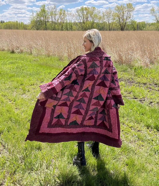 Marvelous Merlot Crinkle Patchwork Quilt Jacket