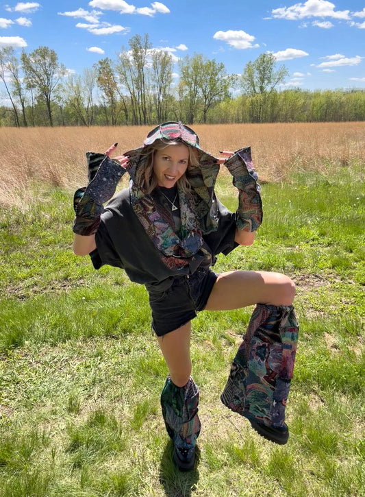 Psychedelic Art Patchwork Blanket Accessory Set: Oversized Hood, Legwarmers + Armwarmers