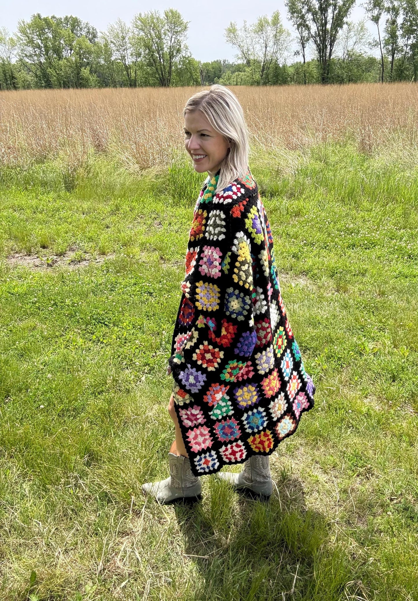 Upcycled Vintage Granny Square Crochet Sweater Coat