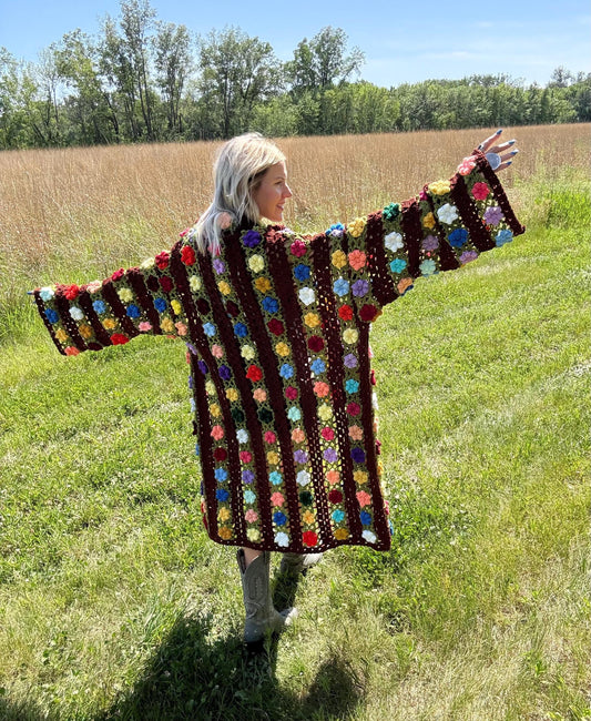 Rainbow Roses Brown Boho Crochet Cardigan
