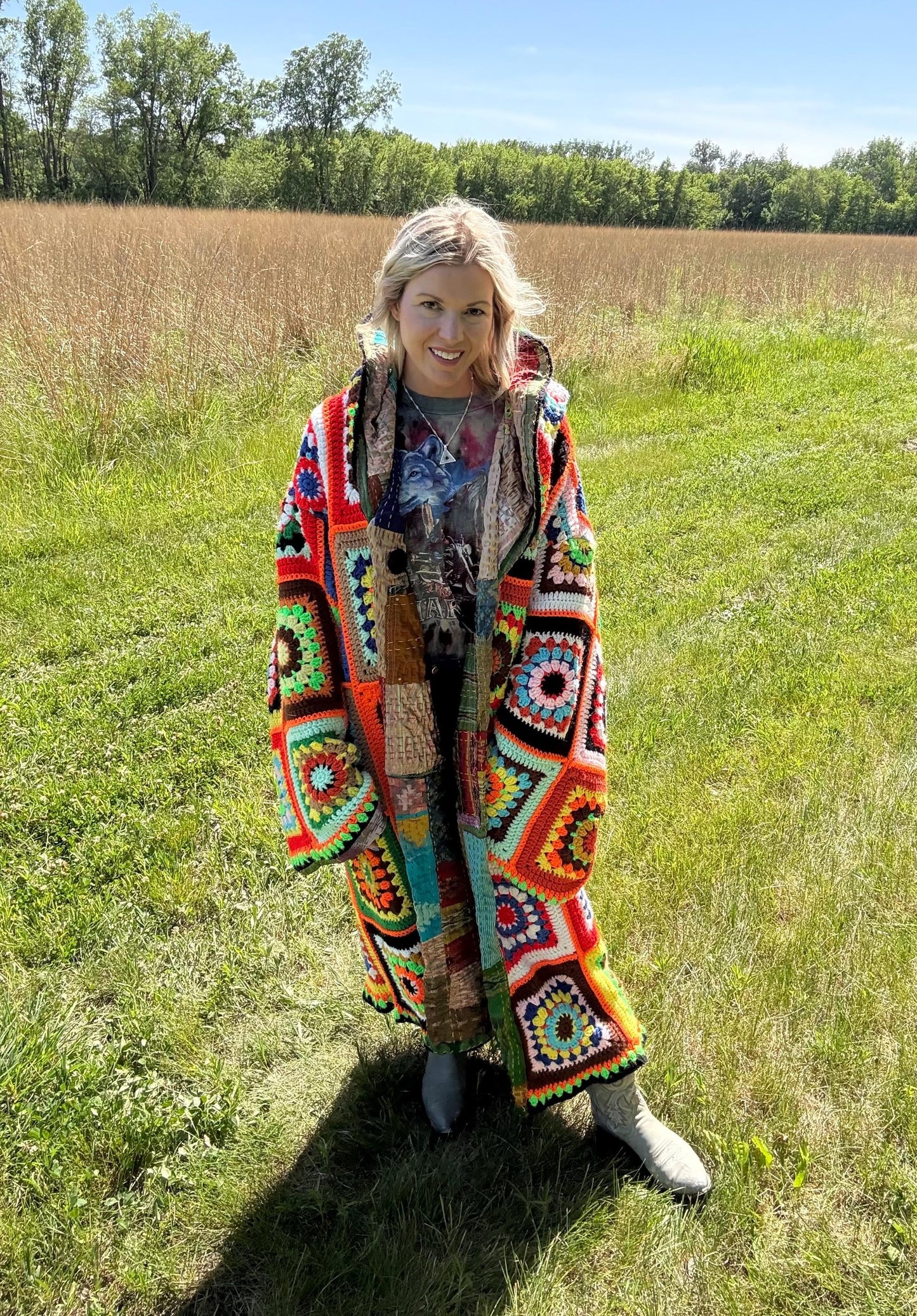Flower Child Bold Maximalist Reversible Crochet Quilt Coat
