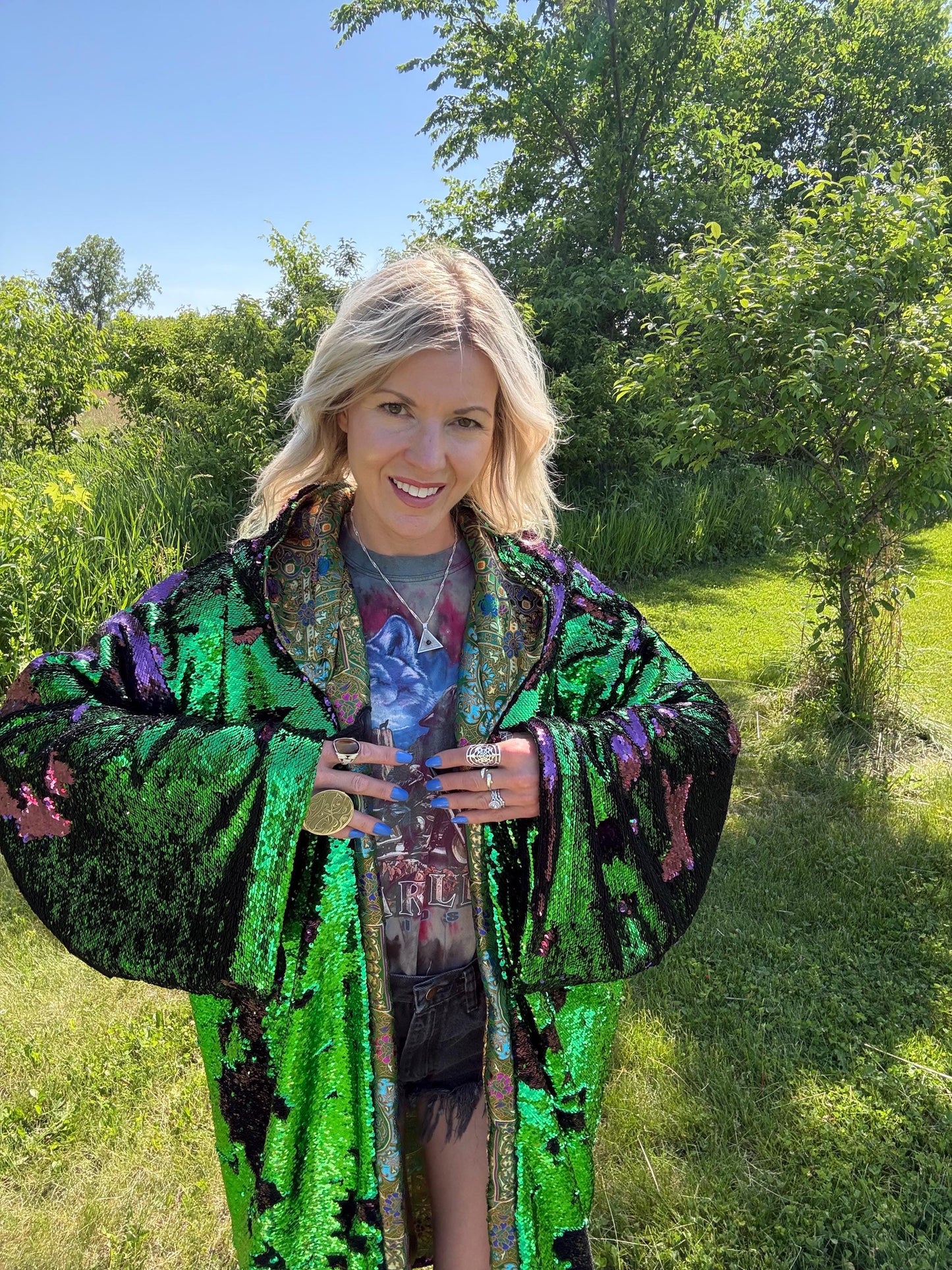 Sacred Amethyst Lotus Fully Lined Luxury Sequin Statement Coat