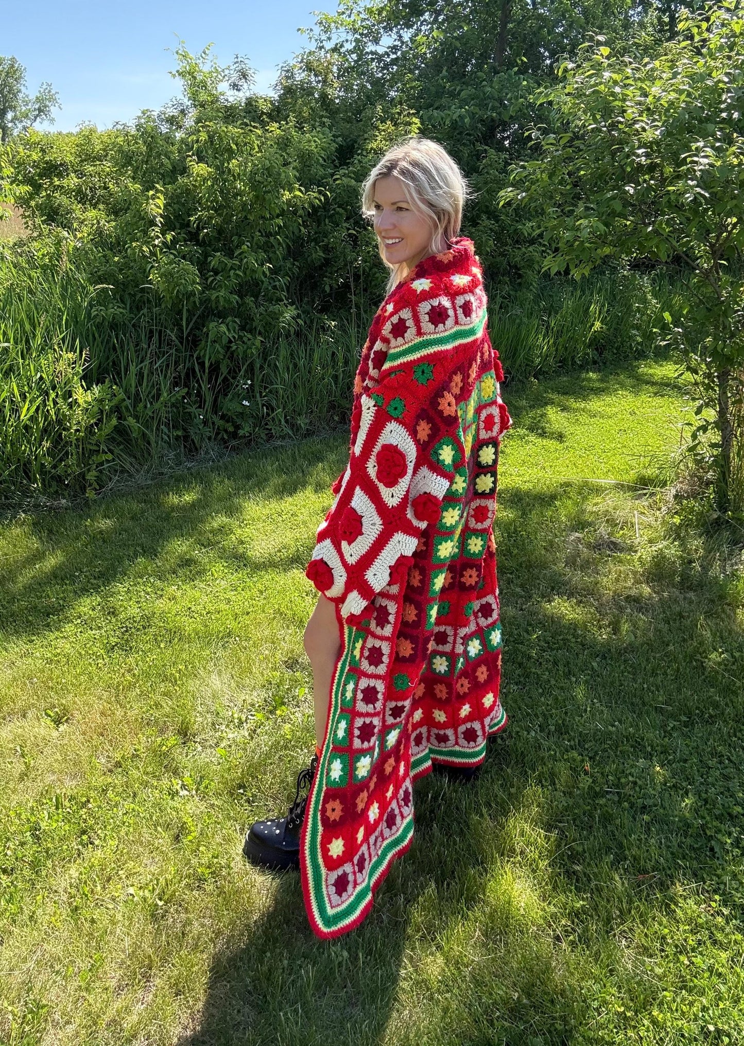 Romantic Escapade Long Oversized Red Rose Crochet Coat