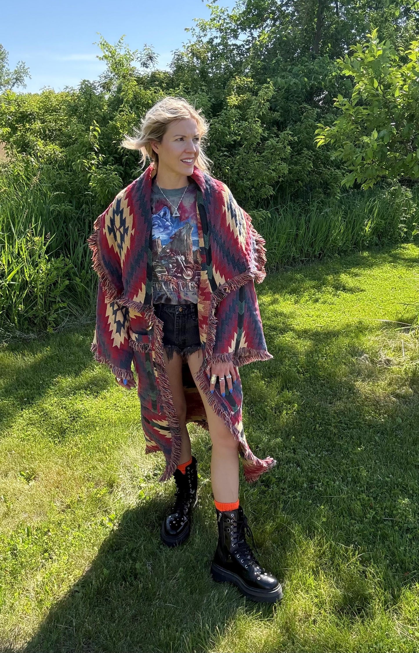 Western Campfires Long Boho Blanket Coat