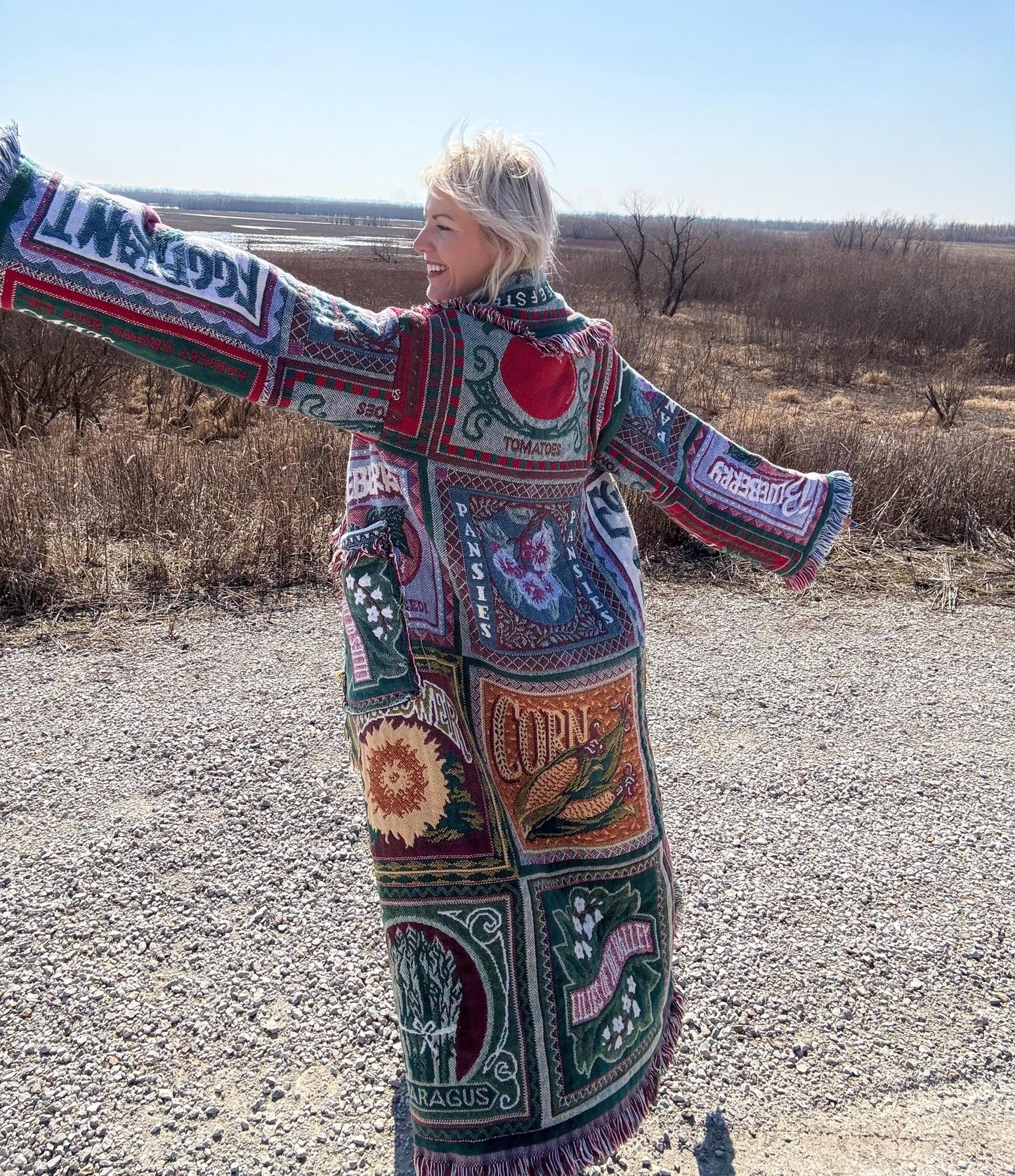 Vintage Vegetable Labels Long Boho Blanket Coat