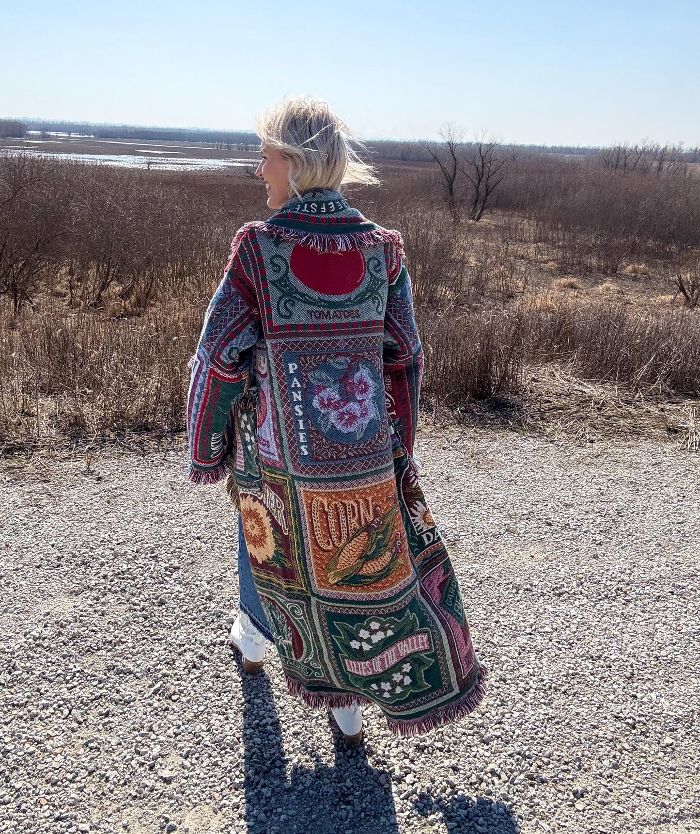 Vintage Vegetable Labels Long Boho Blanket Coat
