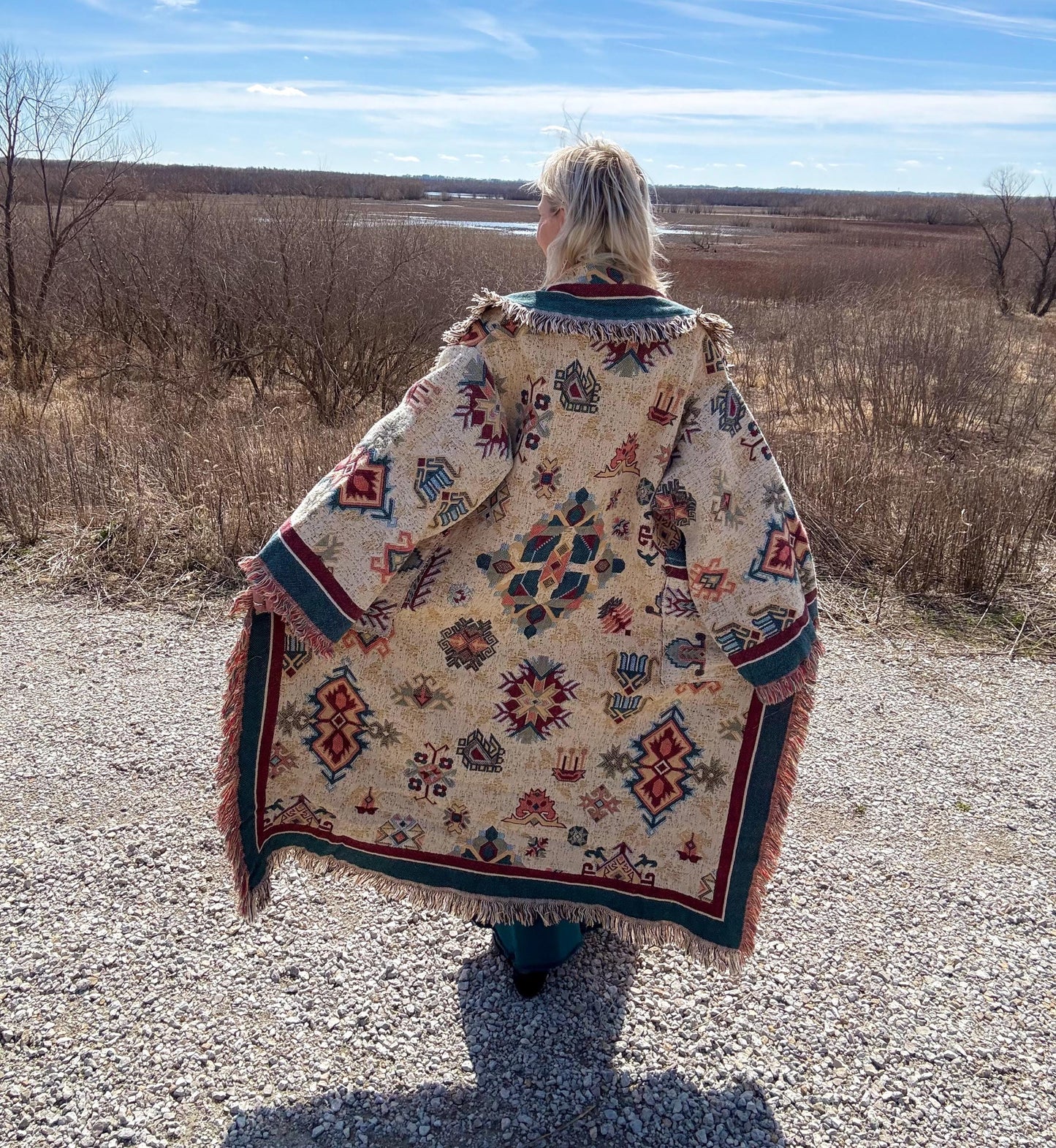 Southwestern Dusk Long Fringe Blanket Coat