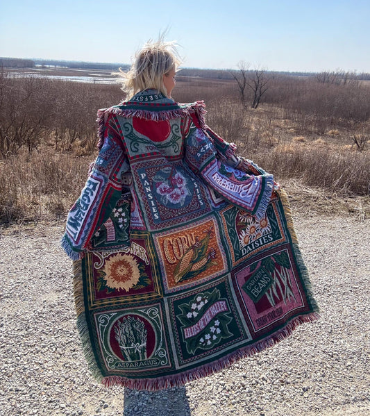Vintage Vegetable Labels Long Boho Blanket Coat