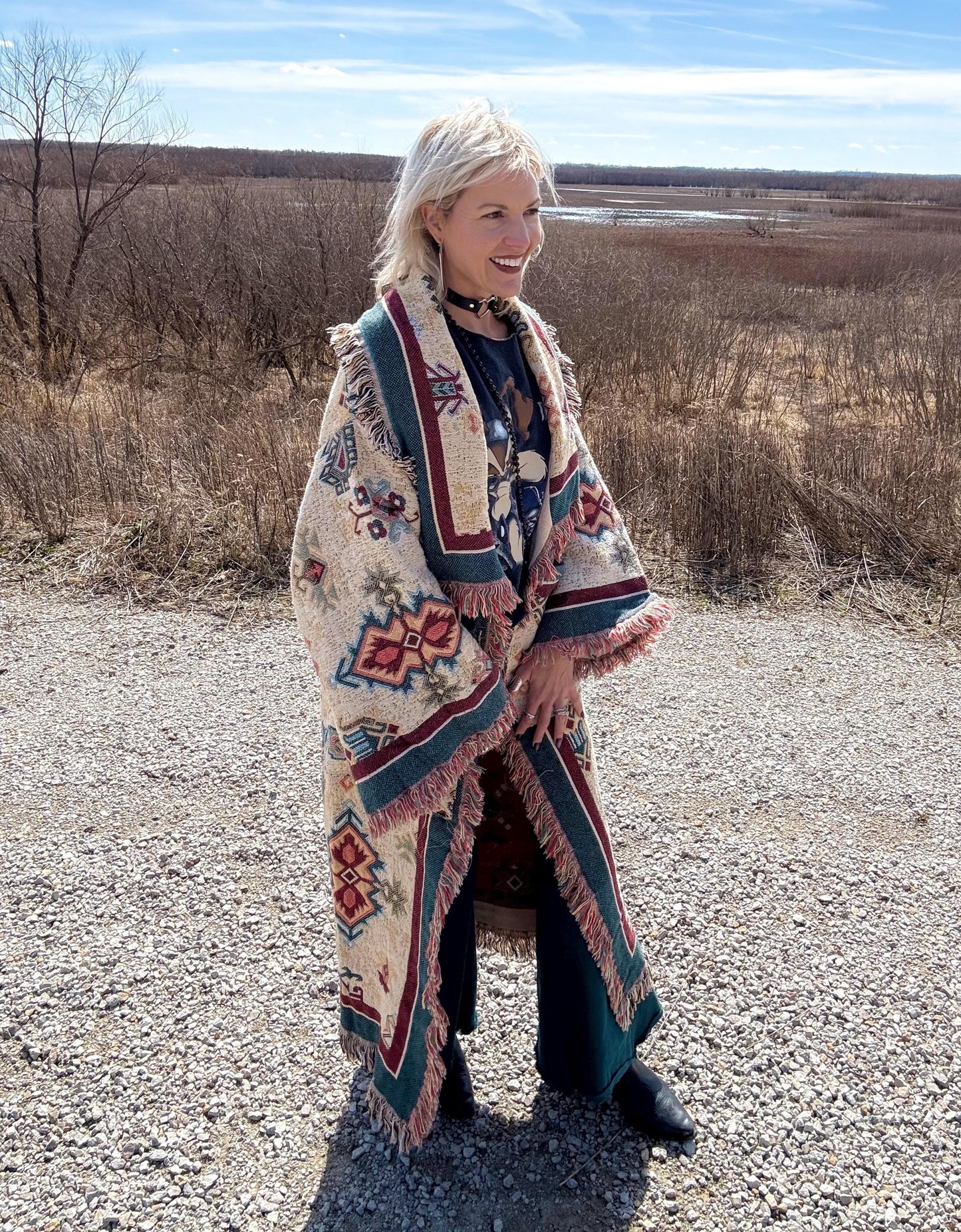 Southwestern Dusk Long Fringe Blanket Coat
