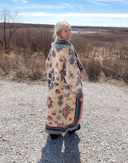 Southwestern Dusk Long Fringe Blanket Coat