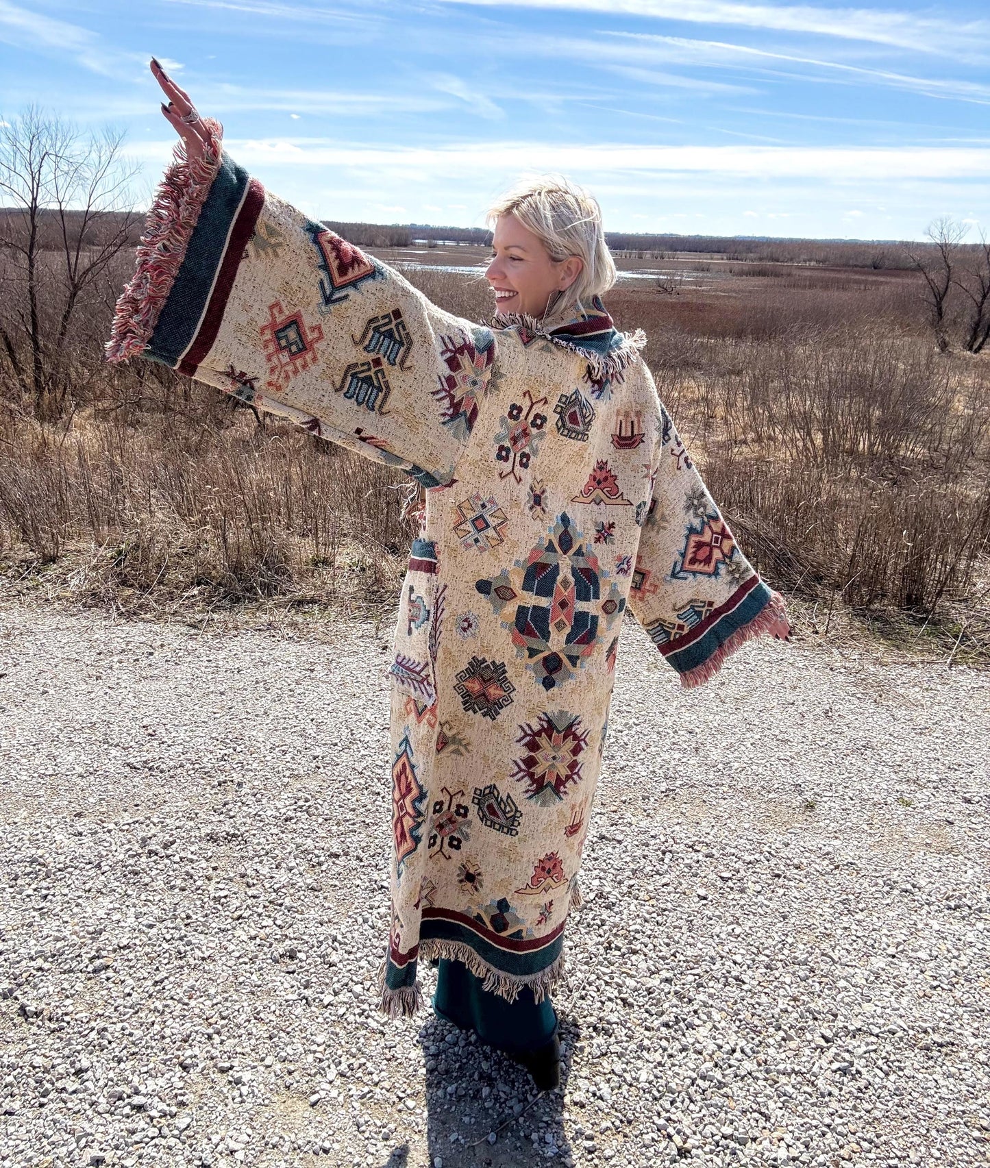 Southwestern Dusk Long Fringe Blanket Coat