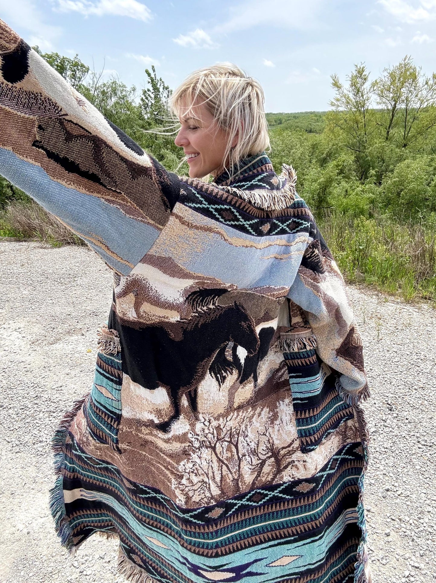 Wild Horses Long Western Fringe Blanket Coat