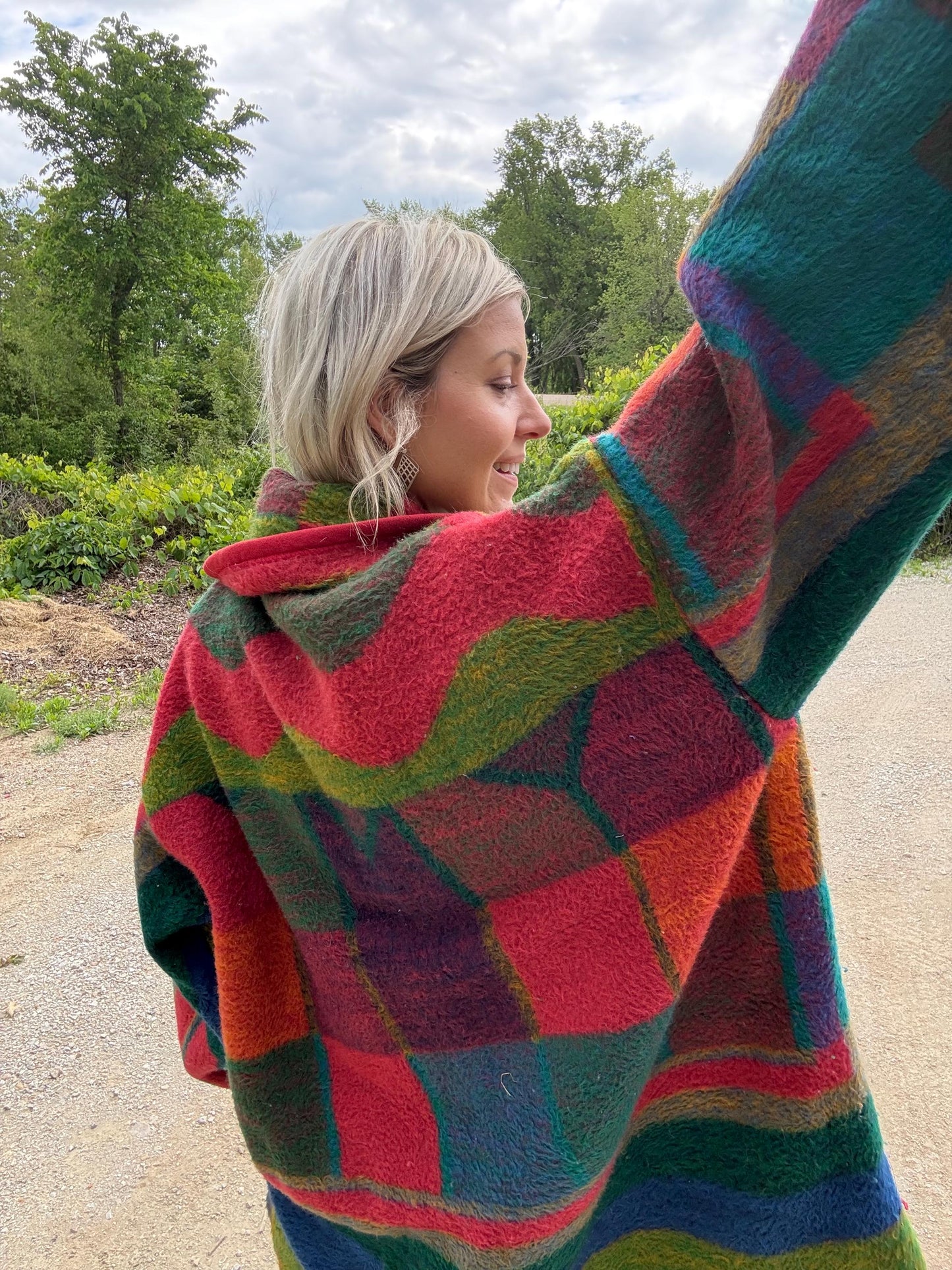 Hot Pink 90s Geometric Fleece Blanket Coat