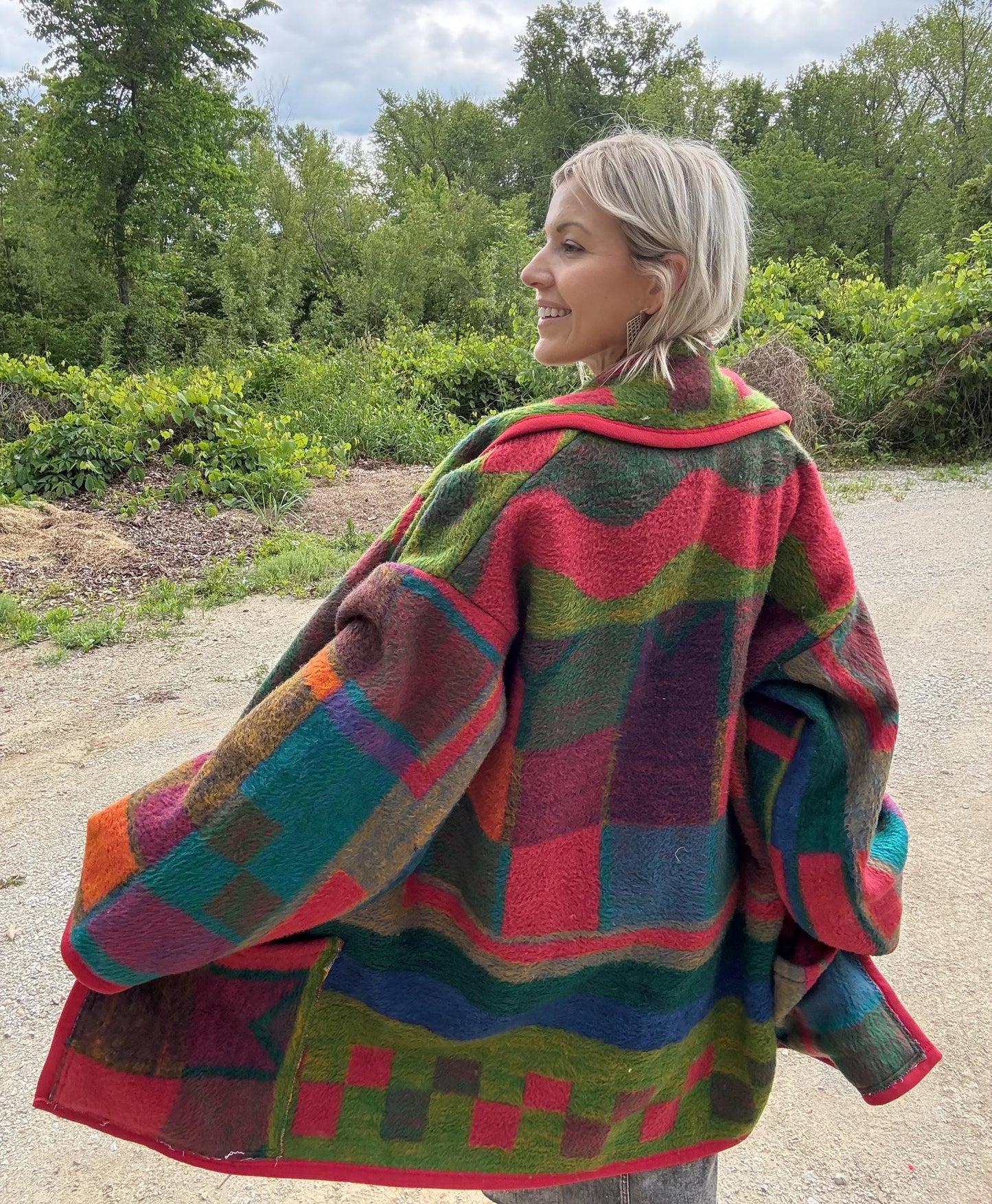 Hot Pink 90s Geometric Fleece Blanket Coat