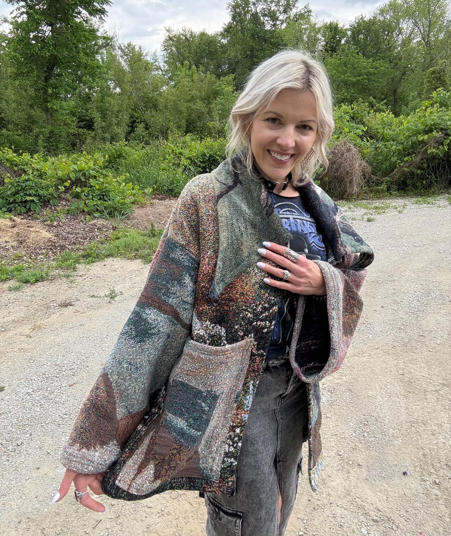 Mystic Forest Cottage Earthy Abstract Wing Collar Blanket Coat