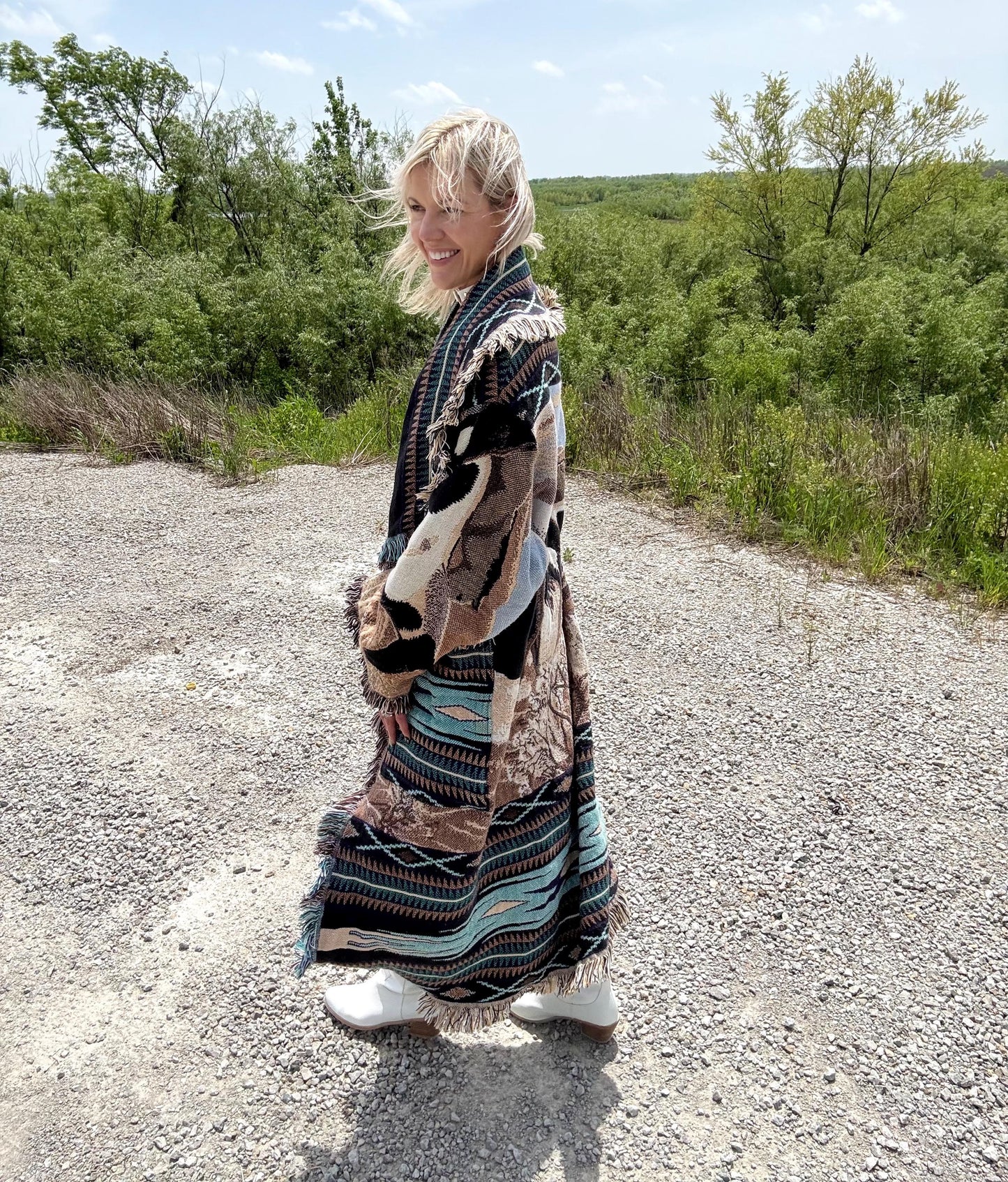 Wild Horses Long Western Fringe Blanket Coat