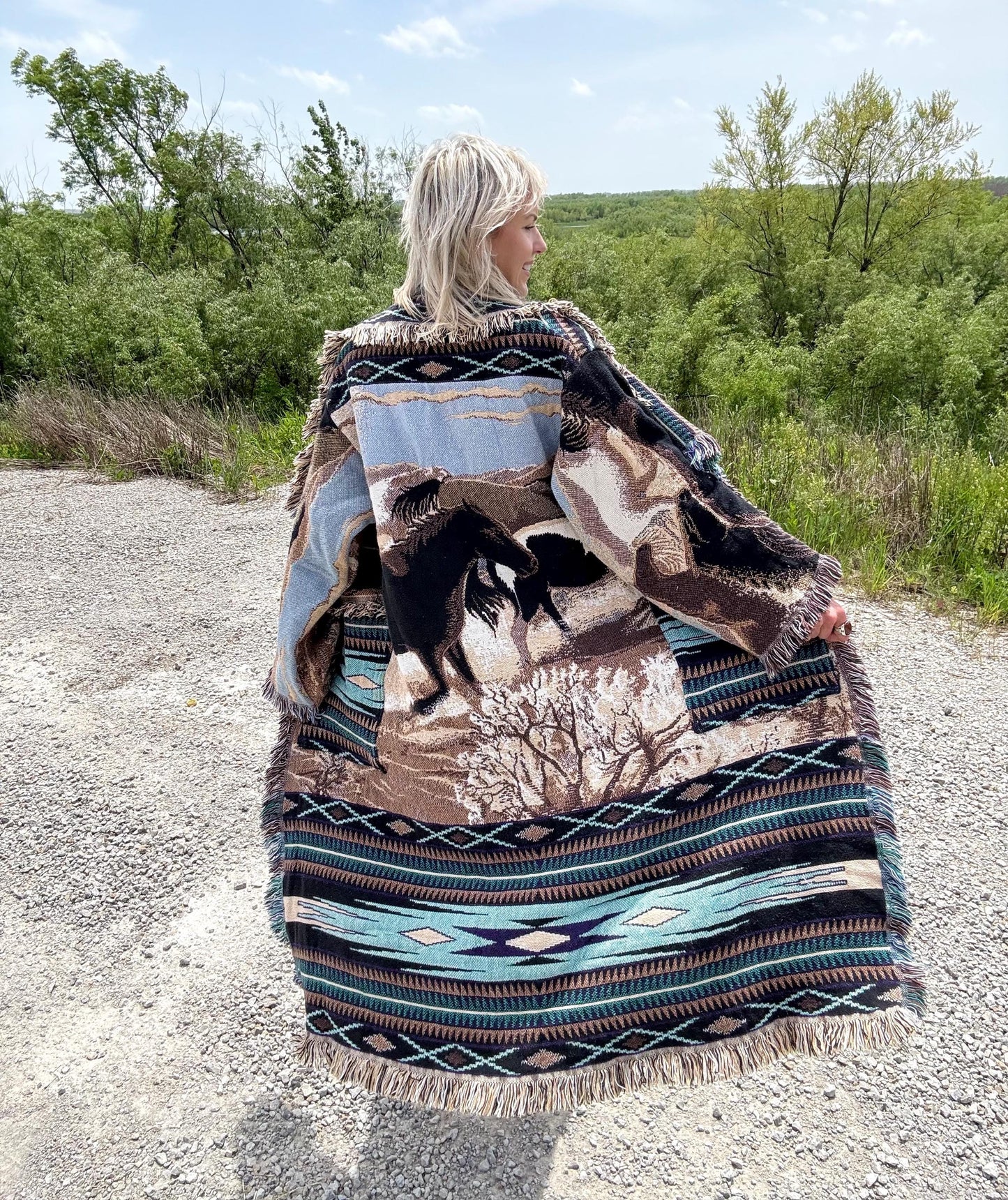 Wild Horses Long Western Fringe Blanket Coat