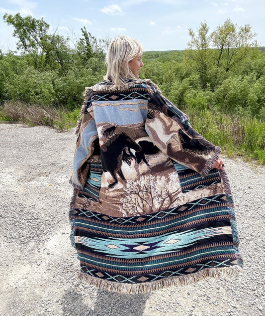 Wild Horses Long Western Fringe Blanket Coat