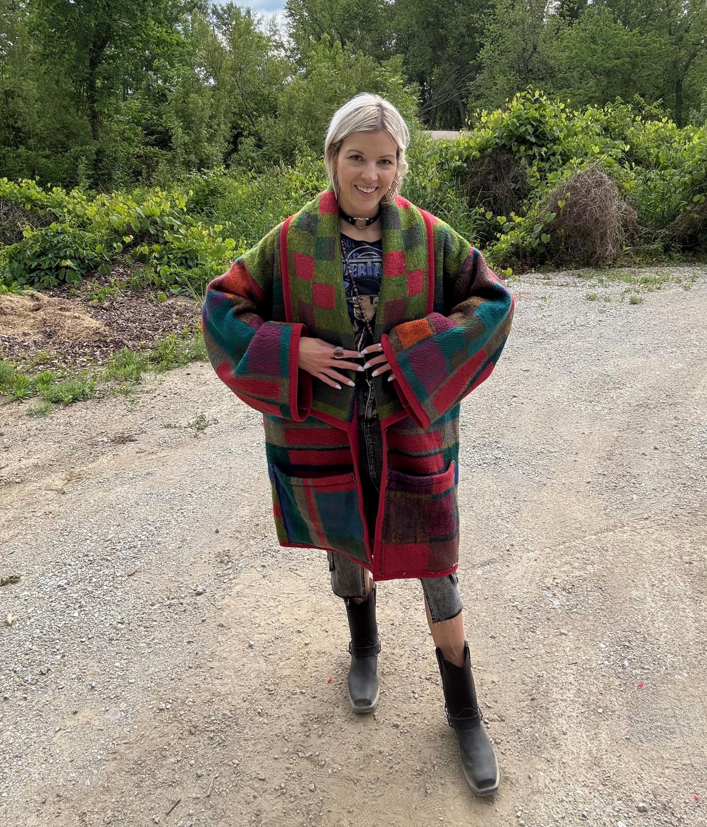 Hot Pink 90s Geometric Fleece Blanket Coat