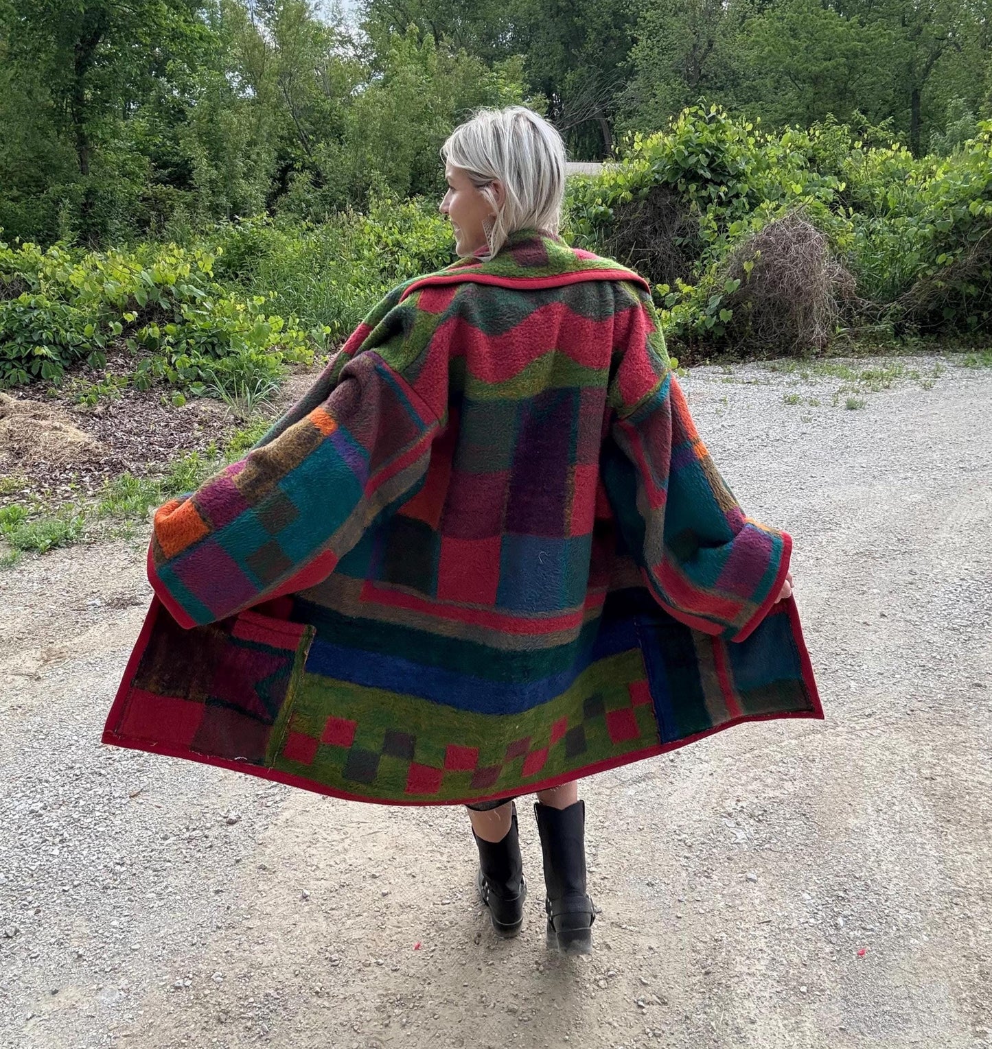 Hot Pink 90s Geometric Fleece Blanket Coat
