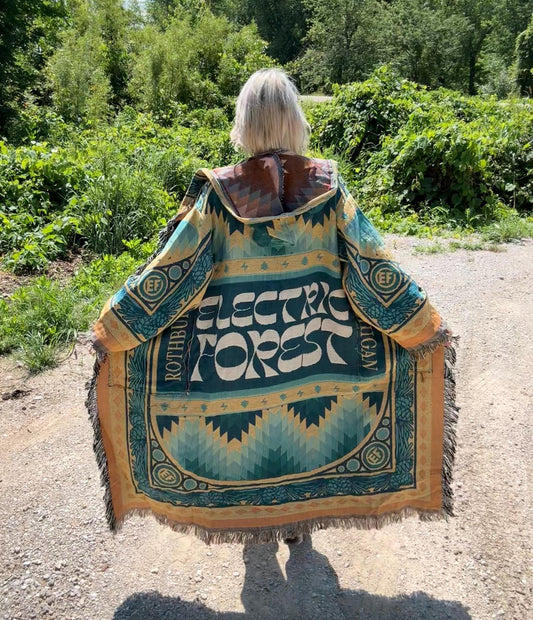 Teal Electric Forest Long Blanket Coat